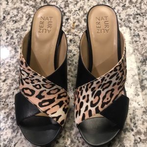 Black and leopard slip on wedges